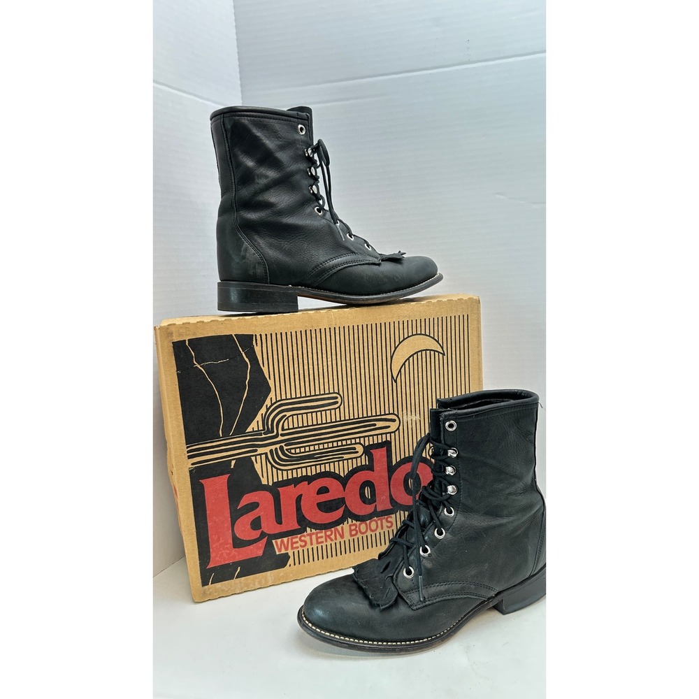 Laredo Black Leather Lace Up Western Kiltie Boots USA Made 30441 Womens 7 M